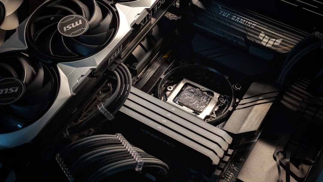 Close-up shots of a high-performance custom-built gaming PC featuring an MSI GPU, sleek cable management, and premium cooling components. Perfect for tech enthusiasts and gamers, showcasing modern computer hardware aesthetics and detailed craftsmanship